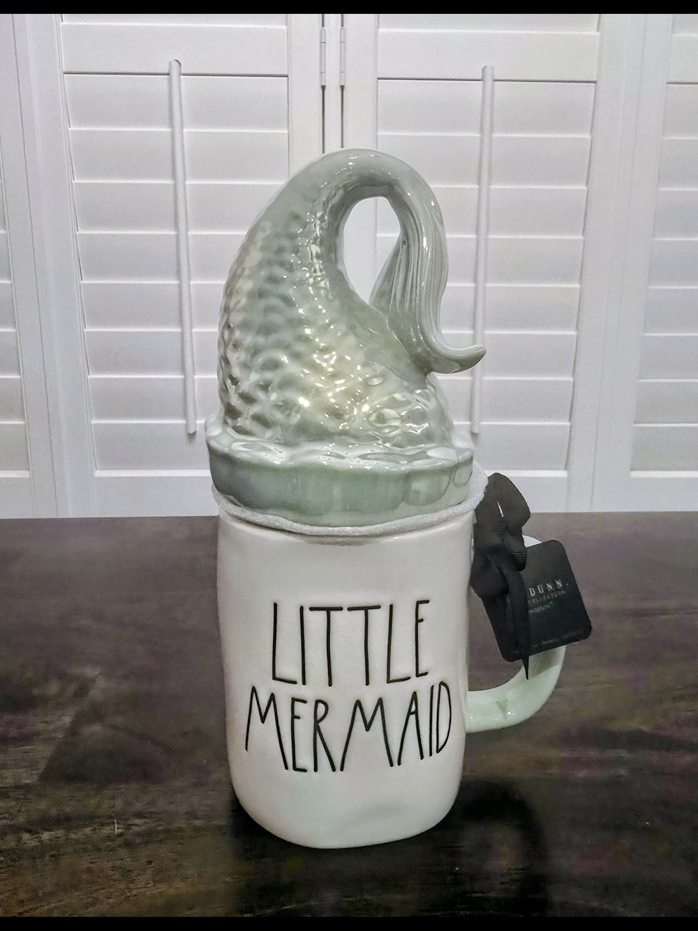Rae Dunn White & Seafoam 'Little Mermaid' Ceramic Mug with Mermaid Tail Lid